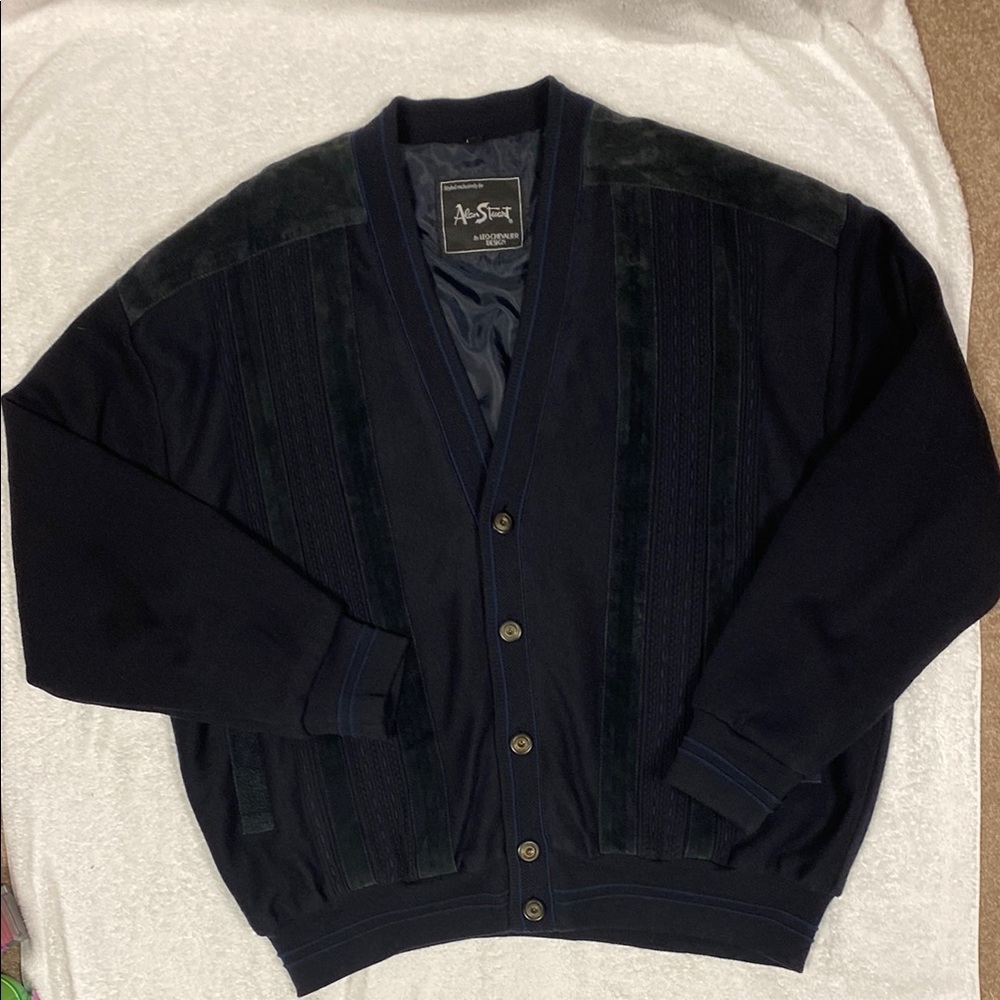 Vintage Alan Stewart  Black knit leather Cardigan Sweater V-Neck Ribbed xl